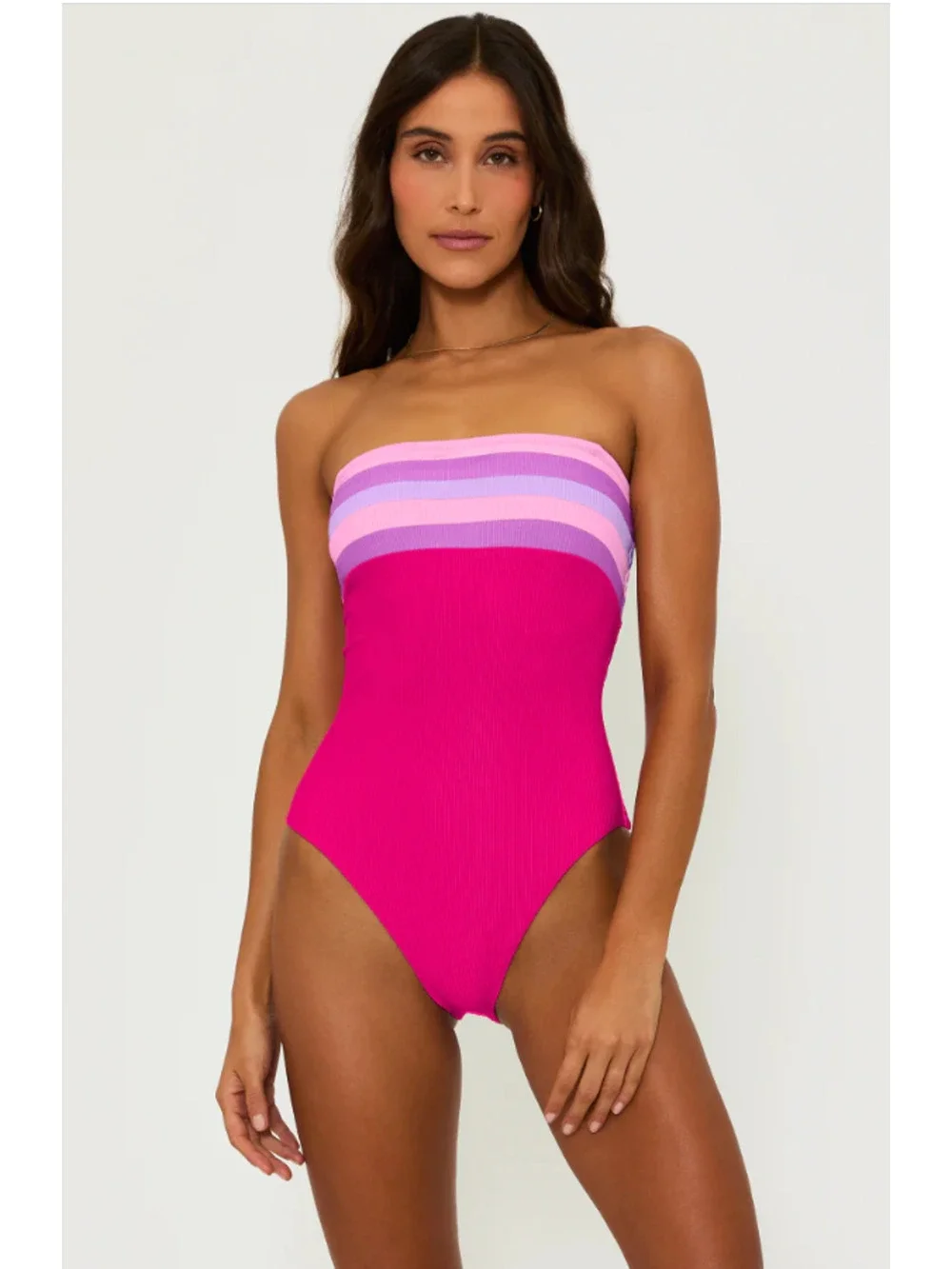 BEACH RIOT Jessa Bandeau One Piece Swimsuit Small Pink Raspberry Colorblock NWT - Picture 1 of 12